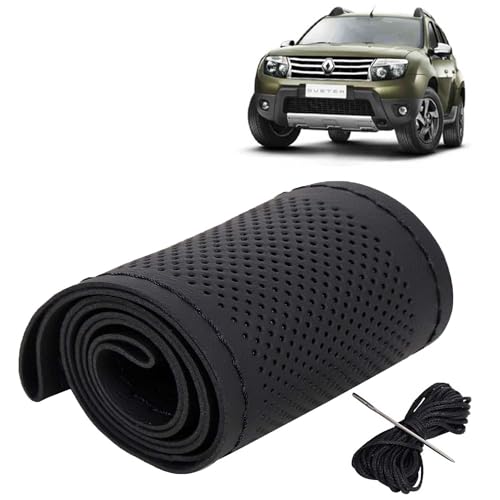 Image of KINGSWAY PU Leatherite Car Steering Cover Sewable Compatible with Renault Duster (Year 2012-2014), Black Color with Black Thread, Pack of 1 with Sewing Needle and Thread