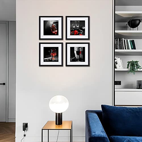 Kitchen Wine And Grapes Wall Art Prints Posters For Living Room Decorations Black White And Red Rose Wall Art Decor Artwork Canvas Paintings 4 Piece Black Frames With Off White Mat Pictures For Kitchen #TOP1