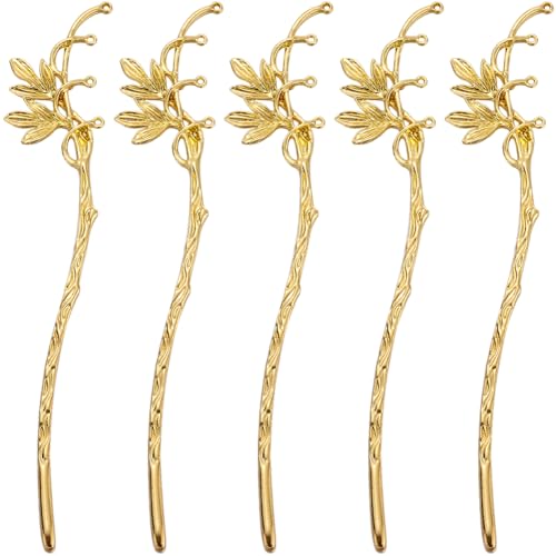 SUNNYCLUE 6Pcs Gold Alloy Bookmark Flower Hairpin Bookmarks Bulk Vintage Chinese Style Bamboo Leaves Metal Hair Sticks Hairpin Stripe Golden Classical Bookmarks for Crafting DIY Findings Handmade