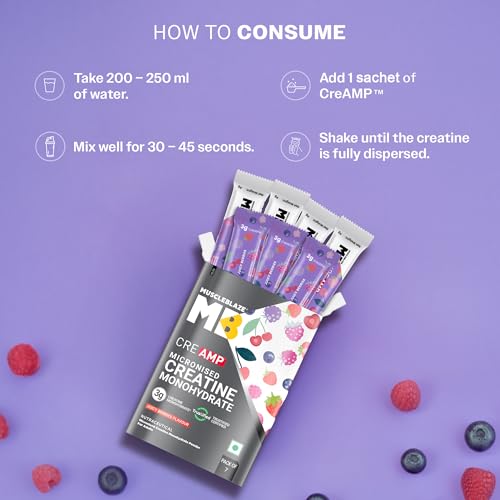 Image of MuscleBlaze Micronised Creatine Monohydrate CreAMP Powder, 7 Sachets | Juicy Berries | Trustified Certified Creatine