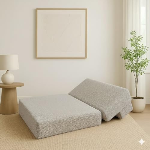Image of PUM PUM Foldable Sofa Cum Bed | EPE Foam 2 Seater Floor Sofa | Premium Jute Fabric | Space-Saving Furniture for Living Room & Bedroom|36 Inch Width,Light Grey