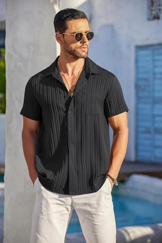Image of Zombom Men's Casual Button Down Shirts Short Sleeve Poly Cotton Shirt Fashion Textured Beach Summer Shirts| Men Stylish Shirt | Men Fancy