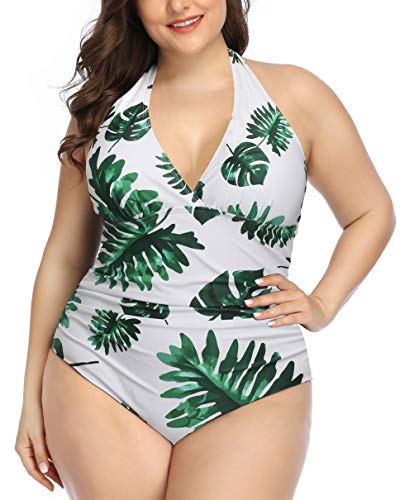 Daci Women White Green Leaves Plus Size Swimsuits Tummy Control Halter V Neck One Piece Bathing Suits Sexy Swimwear 16 Plus