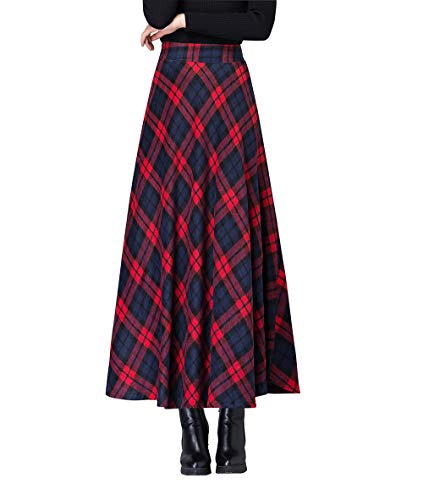 Jupe longue femme hiver en laine rouge à carreaux taille haute XL