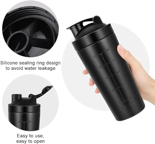 Image of Proteins Power Stainless Steel Protein Shaker, 790 ml, Black, BPA Free, with Measurement Markings and Mixing Spring