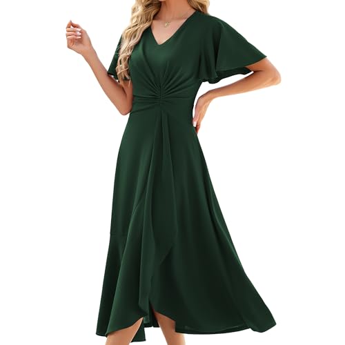 Image of QMZ Wedding Guest Dresses for Women V Neck Cocktail Dress Ruffle Sleeve A Line Evening Party Formal Dresses for Women