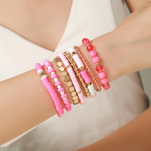8Pcs Heishi Beaded Stretch Bracelets Bohemian Stackable Bracelet Heart Clay Gold Beaded Bracelet for Women Multi-Layer Friendship Summer Beach Jewelry4