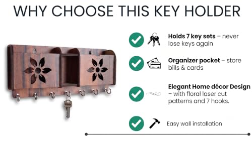 Image of Wall Mount Key Holder & Mail Organizer | Laser-Cut Key Hanger with 7 Metal Hooks, Letter Rack & Pen Stand | Wooden Wall Decor for Entryway, Living Room, Home & Office (Noir-Petal)