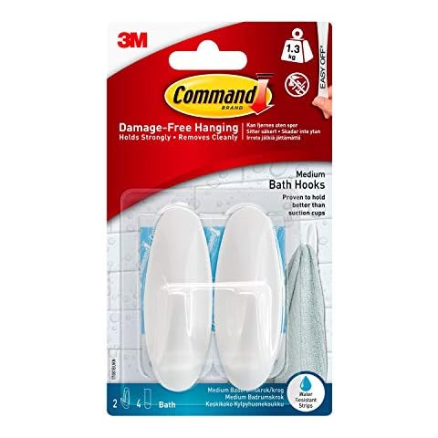 Command Bath Designer Hooks, White, Water Resistant - 2 Medium Hooks and 4 Adhesive strips - Hang Towels, Robes and other Bathroom Accessories - Ideal to avoid Drilling through Tiles Cover