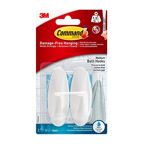 Command Bath Designer Hooks White Water Resistant - 2 Medium Hooks and 4 Adhesive Strips - Hang Towels Robes and Other Bathroom Accessories - Ideal to Avoid Drilling Through Tiles
