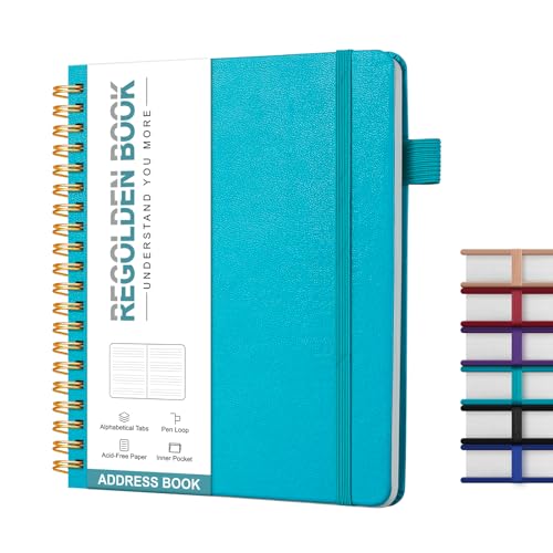 Regolden-Book Address Book with Alphabetical Tabs, Hardcover Address Organizer for Record Contacts, Telephone Book for Seniors, Internet Log Book Journal with Password, Pen Loop, Pocket, (5.7x7.2")