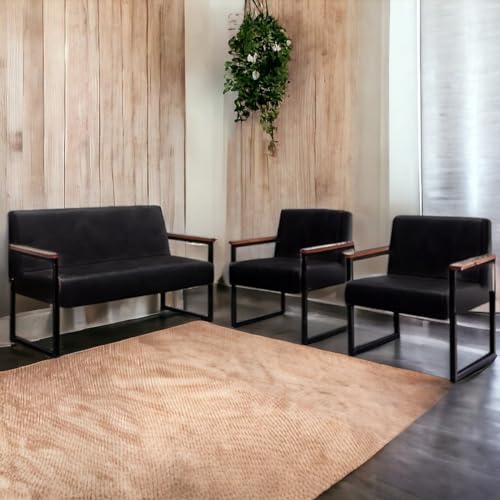 Sofá 2 Lugares e 2 Poltronas Em Aço Preto Fosco Corino Preto