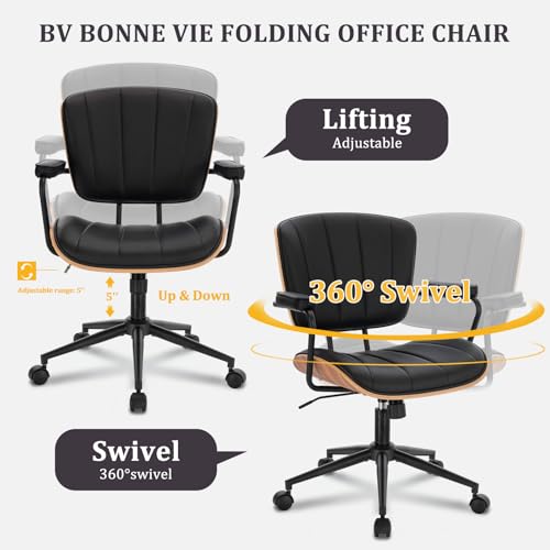 Image of Mid Century Modern Office Chair, Fixed Back Rolling Desk Chair with Armrests and Walnut Back, Adjustable Height for Home Office, Black