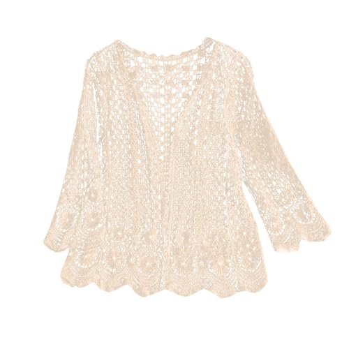 Generic Women's Summer Cardigan - Lightweight, Loose, Long Sleeve, V-Neck, Floral Lace Crochet, Beige