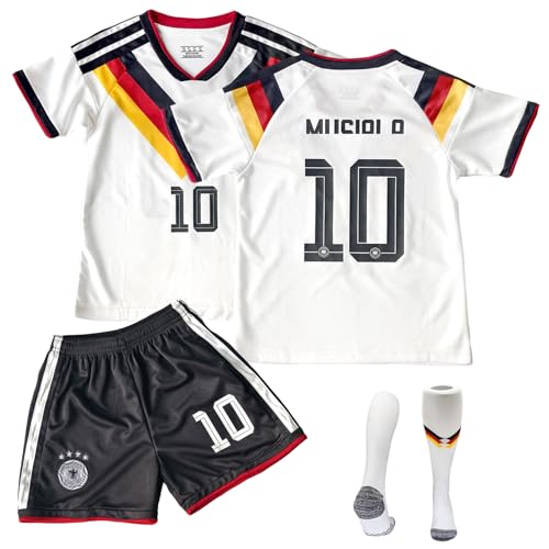 COQOYO Fussball Trikot Kinder Set, Heim Nummer 10 Fußballtrikot für Jungen und Mädchen von 8-9 Jahren, Atmungsaktives und Schnelltrocknendes Fußball-Trainingstrikot mit Kurzarm Shorts Socken, Weiß