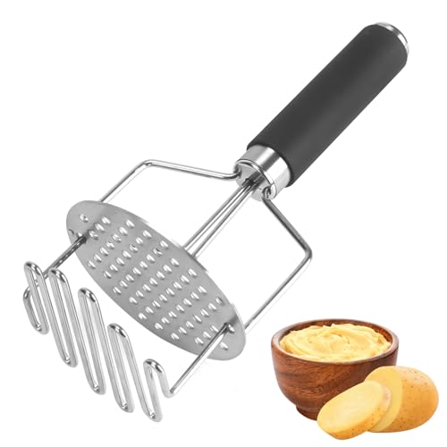 VirtuGro Machacador de Patatas Aplastador de Patatas Triturador de Patatas Redondo Prensa Doble Patatas de Acero Inoxidable Potato Masher Con Mango Negro