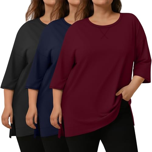 3 Pack Women's Plus Size 3/4 Sleeve Tops Cotton Side Slit Round Neck T-Shirt Loose Fit Casual Basic Tunic Tee4