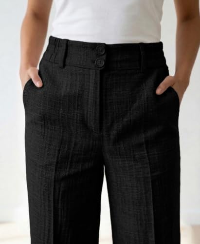 Image of TOPLOT High Waist Korean Trousers for Woman | Premium Wide Leg Palazzo Pant | Full Length with Dual Button & Elastic Band | Comfortable Office Wear & Business Casual Trouser (5272)