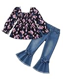 Kucnuzki Little Girls Clothes Long Sleeve Tops Black Ruffle Floral Shirt Blue Denim Jeans Girls Flare Pants Little Girl Fall Outfit For 4T 5T Kids Clothes
