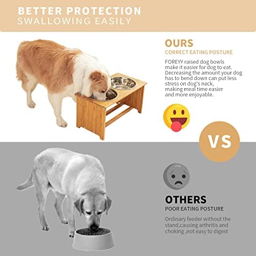 FOREYY Raised Dog Bowls for Cats and Dogs - Bamboo Elevated Dog Cat Food and Water Bowls Stands Feeder Dishes with 2 Stainless Steel Bowls and Anti Slip Feet (Large - 25.4 cm high)