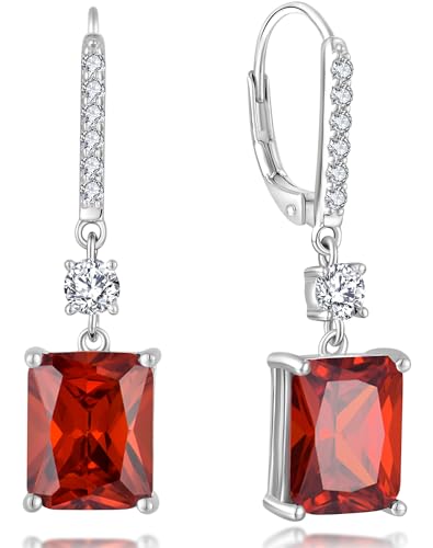 YL Red Garnet Emerald Cut Dangle Earrings for Women Solid 925 Sterling Silver 18K White Gold Plated Created Birthstone Princess Halo Leverback Jewelry Gifts