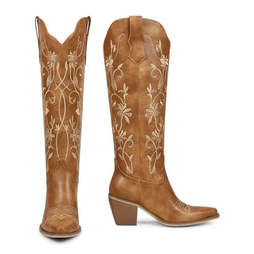 Image of wetkiss Cowboy Boots Womens Knee High Cowgirl Boots Embroidered Pointed Toe | Cowgirl Boots, Retro Embroidery, Block Heel, Stable and Comfortable, Pull-On, Style for a Classic Vintage Western Look