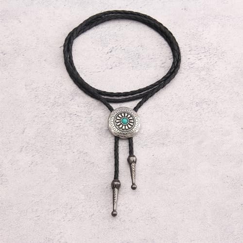 Image of GelConnie Bolo Tie for Men Women Western Cowboy Turquoise Leather Necktie | Natural Stone Bolo Tie Necklace for Women Rodeo Cowboy Leather Necktie Native American Western Cowgirl Ties Adjustable Cord