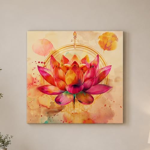 Image of PAINTINGMANTRA Pink Lotus Blossom Stretched Canvas Painting for Living Room | Spiritual Floral Artwork Wall Decor Art For Livingroom, Bedroom, Office, Hallways - 34x34 Inch