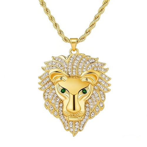 Weenkeey Collier avec pendentif tête de lion en strass - Collier hip hop punk pour homme et femme - Doré