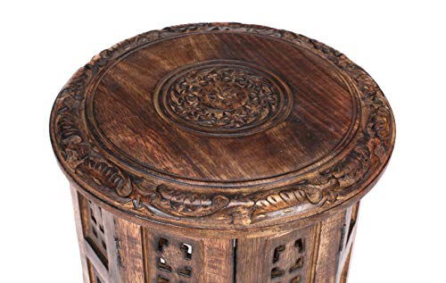 Solid Wood Hand Carved Accent Table, Side Table, Entryway Table, Wooden End Table, Bedside Table, Octagonal Wooden Table - 12 Inch Round Top x 12 Inch High - Burnt