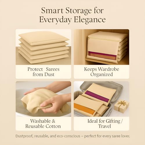 Image of DALUCI Cotton Saree Covers for Storage | Big Size Saree Bags (16x14 Inch) with Zip Closure, Transparent Mesh Window Cloth Organizer for Storage | Wardrobe Organiser - Beige (Pack of 6)