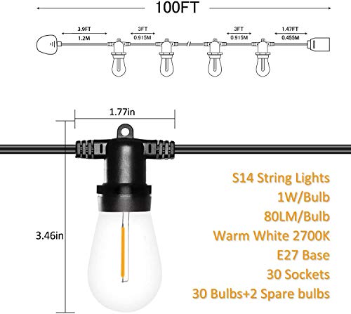 Anting S14 Led-lichtsnoer voor buiten, retro, IP65 waterdicht, 30 x 1 W ledlampen, E27, warmwit, voor binnen en buiten… - Afbeelding 3