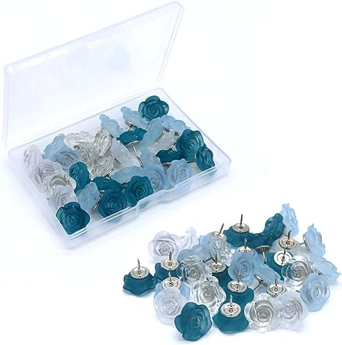 Cute Flower Push Pins 30 Pcs Rose Decorative Push Pins for Cork Board Clear Blue and Deep Blue Thumb Tacks for Wall Bulletin Board Travel Map or Photo Floret Tacks Home Office Supplies Accessories