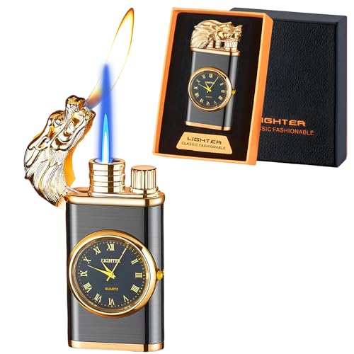 Magic Dragon Dual Flame Windproof Lighter - Adjustable Flame, Refillable Butane Gas for Men, Women, Outdoor Candle - Black