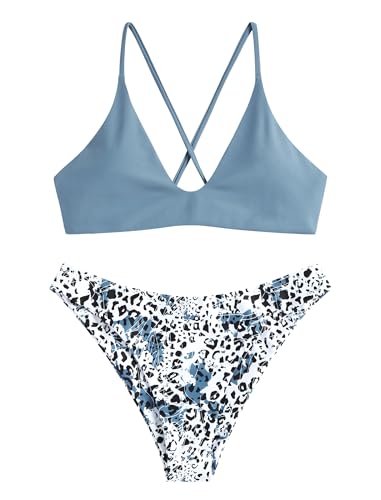 Image of ZAFUL Women's Tie Back Padded High Cut Bralette Bikini Set Two Piece Swimsuit