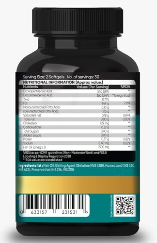 Image of Triple Strength Omega 3 Fish Oil 1500 mg with 540 mg EPA & 360 mg DHA | Supports Heart, Joint, Bone & Skin Health | For Men and Women | 60 Softgels