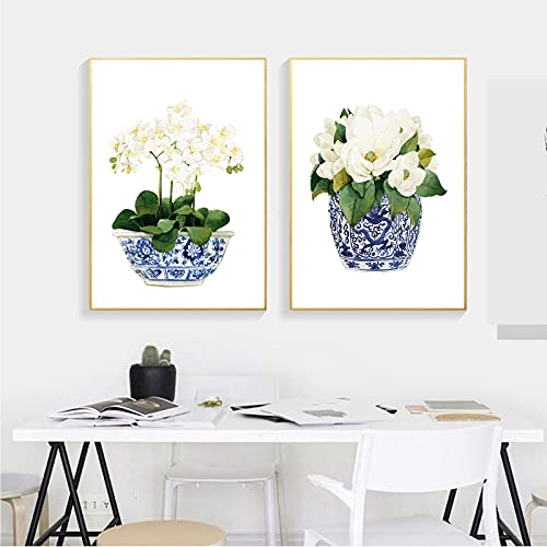 Vlolife White Orchid & Magnolia Watercolor Chinoiserie Decor Canvas Print Oriental Vase Blue White Willow Style Porcelain Flower Jar No Frame, 16X24Inchx2 Unframed #TOP2