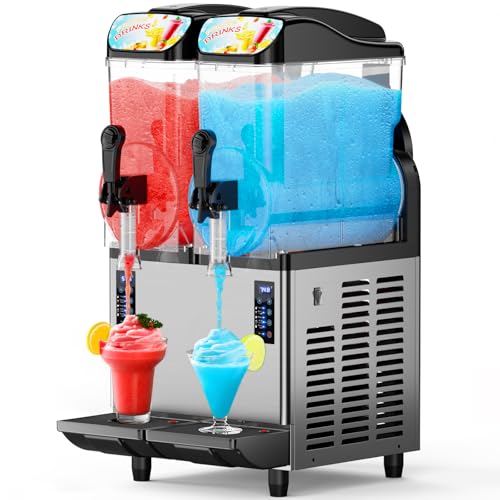 Mirfee 30 L Commercial Slushy Machine with LED Light, 15-45 Minutes to Make，15L×2 Tanks Commercial Frozen Drink Machine, 110V Margarita Slushie Maker, for Wine Cocktails, Daiquiri Juice