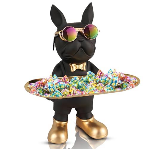 French Bulldog Statue,Resin Bulldog Decor with Tray, Candy Dish Key Holder Bowl Storage Ornament Sculpture for Home Decor,Accessories for Office Desk Figurines Entryway Table Decor (Standing,Black)