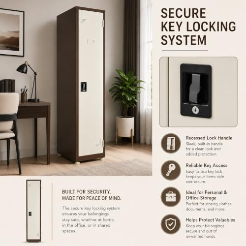 Image of Amazon Brand - Solimo Single Door Steel Locker Cabinet with 4 Shelves & Hanging Rod | Lockable Metal Storage Cupboard for Home, Office, Gym, School & Factory | Powder Coated, Brown