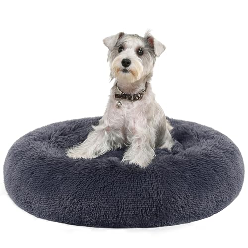 Feandrea Cama de Perros, Cama para Perros, Cojín Central Extraíble y Lavable, Alfombra de Felpa Suave y Mullida, 70 cm de Diámetro, Gris Oscuro PGW039G02
