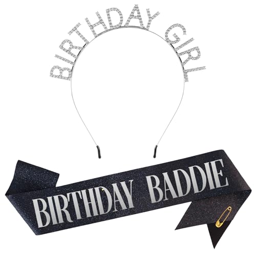 FASOTY Birthday Baddie Sash and Tiara Black Glitter Sash with Silver Foil and Headband for Women Girls Funny Birthday Party Favor Supplies