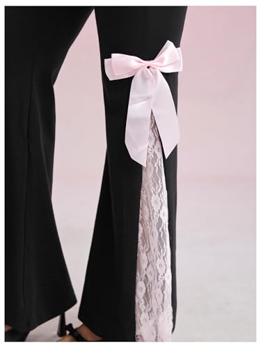 WDIRARA Women's Lace Bow Knot Flare Pants Elastic Waist Bell Bottom Trousers3