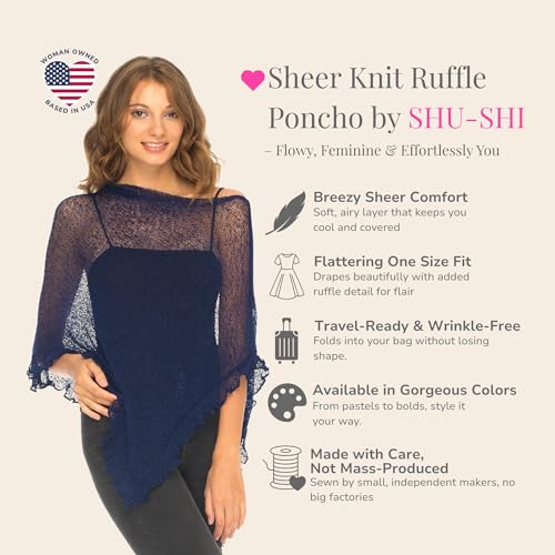 Image of SHU-SHI Women's Sheer Knit Poncho Shrug Lightweight Asymmetrical Ruffle Wrap Dressy Summer Shawl Cover Up Top