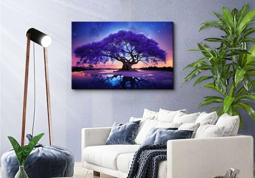 Image of Purple Tree Landscape Wall Art Blue Starry Night Picture Artwork for Living Room Wall Decor Abstract Nature Scenery Canvas Print Painting for Modern Bedroom Bathroom Home Office Decoration 24x36 inch