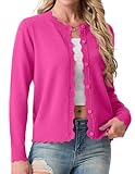 GRECERELLE Strickjacke Damen Kurz mit Rundhals und Knöpfen Leichte Langarm Cardigan Casual Wellenförmiger Rippensaum Strickjacken für Damen (Heißes Rosa, M)
