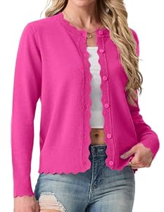 GRECERELLE Cardigans pour Femmes Tricot Col Rond Léger Manches Longues Cardigan Pull Dames Boutonnage Devant Festonné Boléros Gilet pour Robe Été Soirée Mariage, rose vif, S