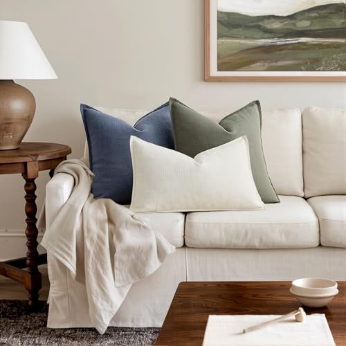 Image of MIULEE Pack of 2 Thick Textured Couch Throw Pillow Covers 18x18, Navy Blue Decorative Pillow Covers, Neutral Linen Cushion Cases for Sofa Bed Living Room Modern Farmhouse Home Decor, No Filling