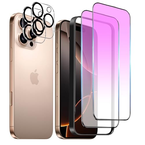 DZHFU 【4枚入り】iPhone 16 Pro max 強化ガラスフィルム 6.9インチ ブルーライトカット 全面保護フィルム 目の疲れを軽減 硬度10Ｈ 滑らかなタッチ操作 指紋付着防止 気泡防止 ガイド枠付き 貼り付けは簡単 【アイフォン16 プロマックス 強化ガラスフィルム(2枚入り)＋レンズ保護フィルム (2枚入り)】の商品画像（Amazon）