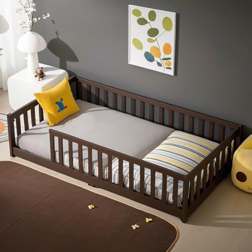 PVWIIK Twin Size Floor Bed with Safety Guardrails for Kids,Wood